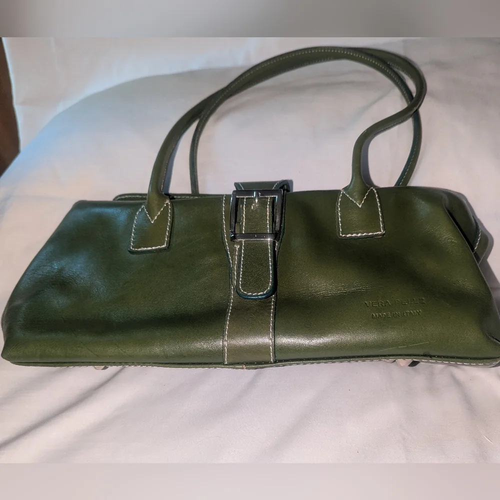 Vera Pelle Green Leather Shoulder Bag.Made In Italy